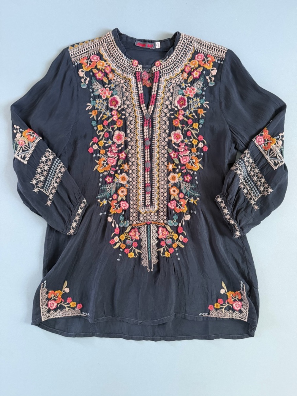Johnny Was Annette Embroidered Floral Bastille Blue Boho Cottage Tunic Blouse - Picture 2 of 5